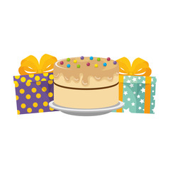 sweet and delicious cake with gifts presents vector illustration design