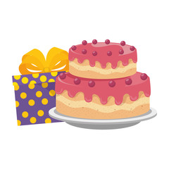 sweet and delicious cake with gifts presents vector illustration design
