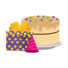delicious cake with gifts presents and hat vector illustration design