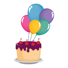 delicious cake with cherries and balloons helium vector illustration design