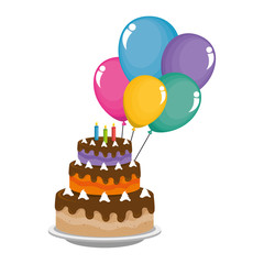 delicious cake with candles and balloons helium vector illustration design