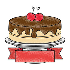 sweet and delicious cake with cherries and ribbon vector illustration design