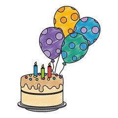 delicious cake with candles and balloons helium vector illustration design