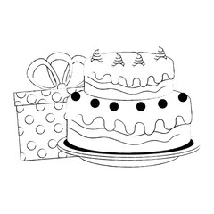sweet and delicious cake with gifts presents vector illustration design