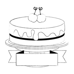 sweet and delicious cake with cherries and ribbon vector illustration design