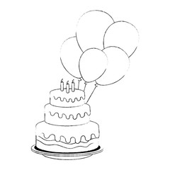 delicious cake with candles and balloons helium vector illustration design