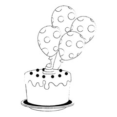 sweet and delicious cake with balloons helium vector illustration design