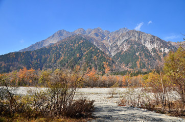 Fototapeta na wymiar The Mt. Hotaka mountain range which I looked at from the Azusa River