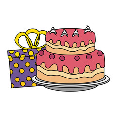sweet and delicious cake with gifts presents vector illustration design