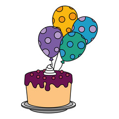 sweet and delicious cake with balloons helium vector illustration design