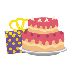 sweet and delicious cake with gifts presents vector illustration design