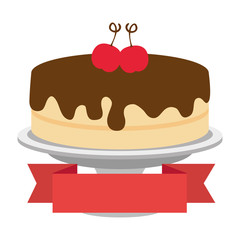 sweet and delicious cake with cherries and ribbon vector illustration design