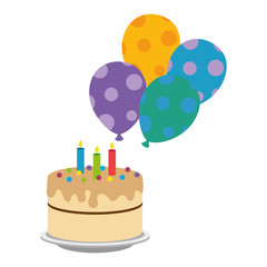 delicious cake with candles and balloons helium vector illustration design