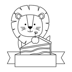 cute lion with sweet cake portion character vector illustration design