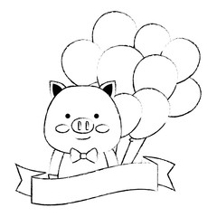 cute pig with balloons helium character vector illustration design