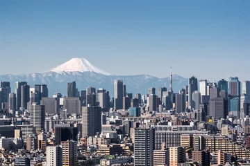 Foto op Plexiglas Tokyo city view , Tokyo downtown building and Tokyo tower landmark with Mountain Fuji on a clear day. Tokyo Metropolis is the capital of Japan and one of its 47 prefectures. © torsakarin