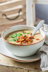 Homemade and tasty mushrooms soup made of fresh chanterelles