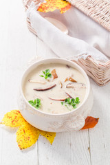 Mushroom soup with mushrooms and parsley on white table