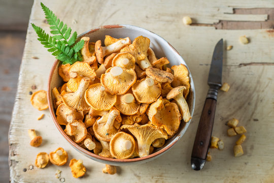 Closeup of healthy chanterelles on old wooden rustic background