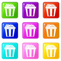 Box of popcorn icons of 9 color set isolated vector illustration
