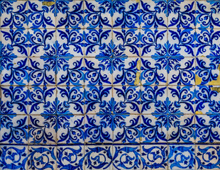 Detail of old traditional ornate portuguese decorative azulejo tiles