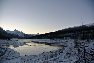 Sunset on frozen river