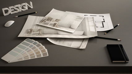 Architect designer concept, table close up with interior renovation draft, bathroom interior design blueprint drawings, sample color palette, dark creative desk background