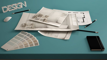 Architect designer concept, table close up with interior renovation draft, bathroom interior design blueprint drawings, sample color palette, blue creative desk background