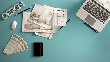 Architect designer concept, blue work desk with computer, paper draft, bedroom project images and blueprint. Sample color material palette, creative background idea with copy space