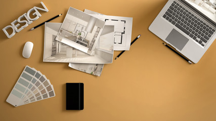 Architect designer concept, yellow work desk with computer, paper draft, kitchen project images and blueprint. Sample color material palette, creative background idea with copy space