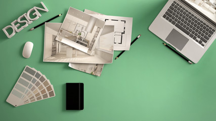 Architect designer concept, green work desk with computer, paper draft, kitchen project images and blueprint. Sample color material palette, creative background idea with copy space