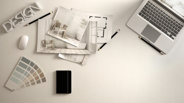 Architect designer concept, white work desk with computer, paper draft, bedroom project images and blueprint. Sample color material palette, creative background idea with copy space