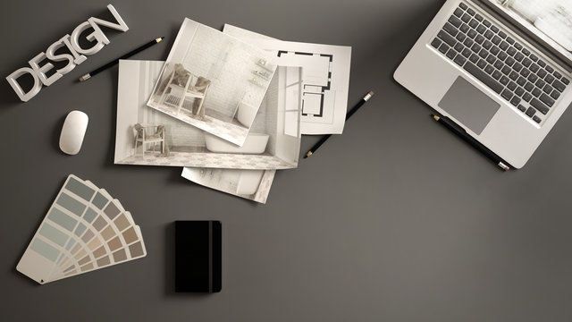 Architect designer concept, gray work desk with computer, paper draft, bedroom project images and blueprint. Sample color material palette, creative background idea with copy space