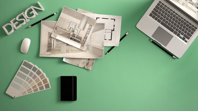 Architect designer concept, green work desk with computer, paper draft, kitchen project images and blueprint. Sample color material palette, creative background idea with copy space
