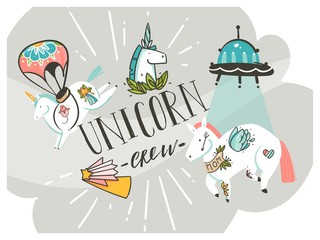 Hand drawn vector abstract graphic creative cartoon illustrations poster background with astronaut unicorns,stars,alien spaceship and handwritten calligraphy Unicorn Crew isolated on white background
