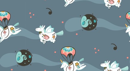 Hand drawn vector abstract graphic creative cartoon illustrations seamless pattern with cosmonaut unicorns with old school tattoo,comets and planets in cosmos isolated on dark background