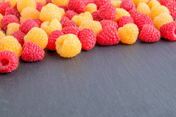 Red and yellow ripe natural fresh raspberries on black stone background. Close-up view. Copy space for text
