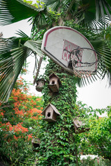 wooden blank sign on the table with raining background