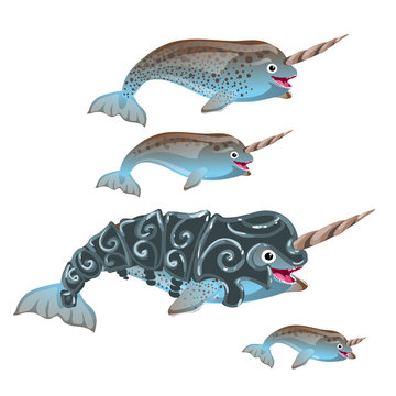 Set of fantasy animals blue color isolated on white background. Narwhal or narwhale, Monodon monoceros. Vector illustration.