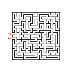 Black square maze with entrance and exit. A game for children and adults. Simple flat vector illustration isolated on white background.