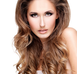 Naklejka premium Sexy young woman with beautiful long brown hair