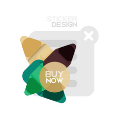 Flat design triangle arrow shape geometric sticker icon, paper style design with buy now sample text, for business or web presentation, app or interface buttons, internet website store banners