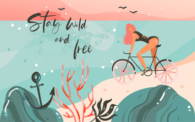 Hand drawn vector abstract cartoon summer time graphic illustrations template background with ocean beach landscape,sunset,beauty girl on bicycle and Stay wild and free typography quote text