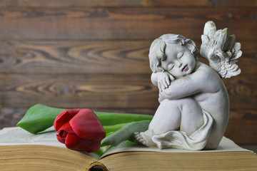 Guardian angel and tulip on wooden background