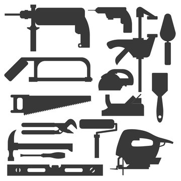 Construction building tools silhouette carpenter industry worker equipment vector illustration.