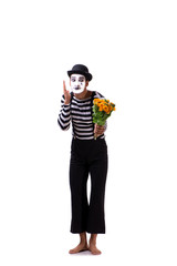 Mime with bunch of flowers isolated on white