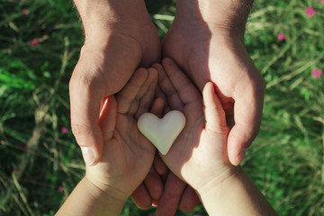 A heart in the hands of a child and an adult man, father and son is holding a heart in the background of nature. View from above