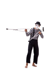 Mime with crutches isolated on white background