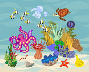 Naklejka na ściany i meble Ecosystem of coral reef with different marine inhabitants