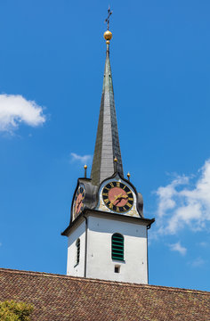 Tower of a church in the village of Seewen in the Swiss canton of Schwyz